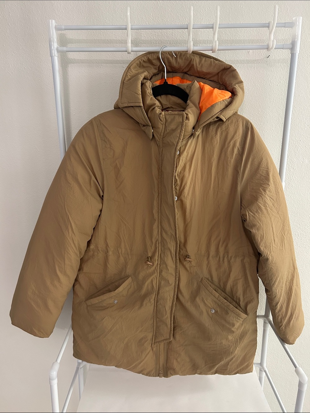 H&M Tan Hooded Puffer Jacket with Orange Lining